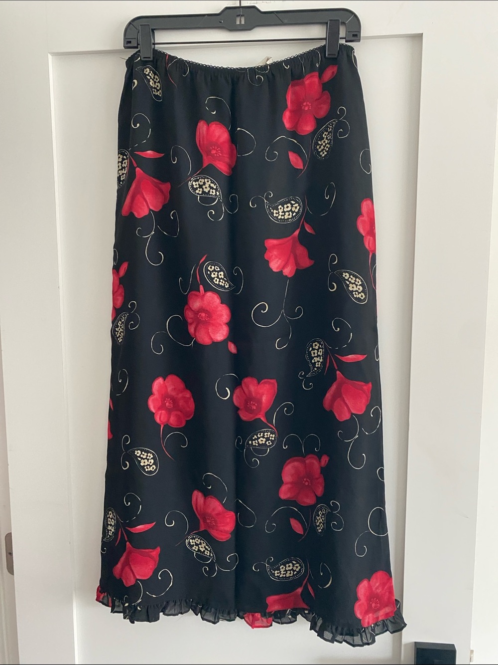 Black Midi Skirt with Red Floral Print